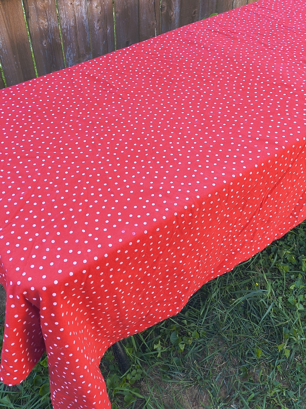 Large Red oblong rectangle whimsical tablecloth with white polka dots
